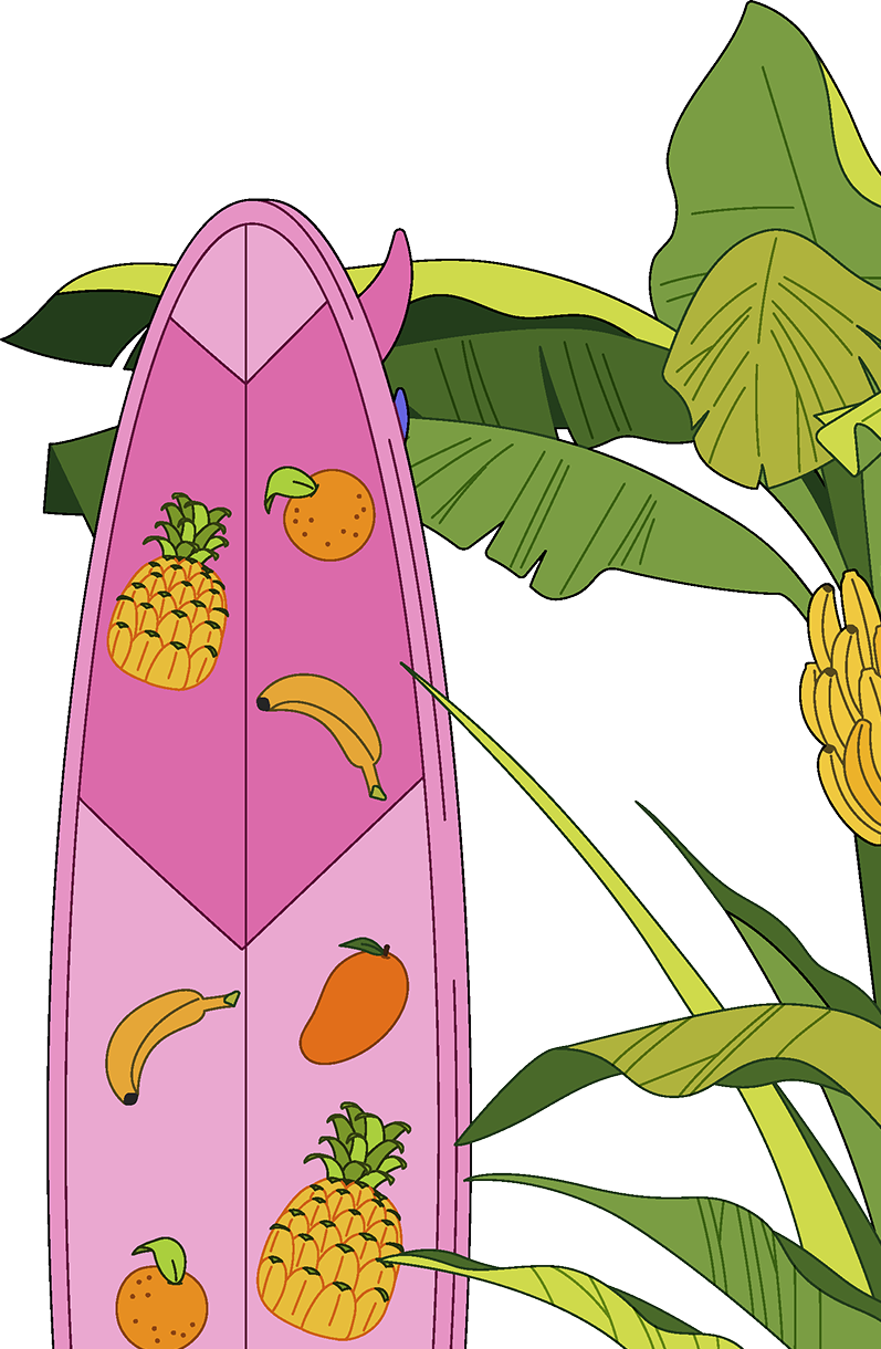 Pink surfboard with tropical fruits